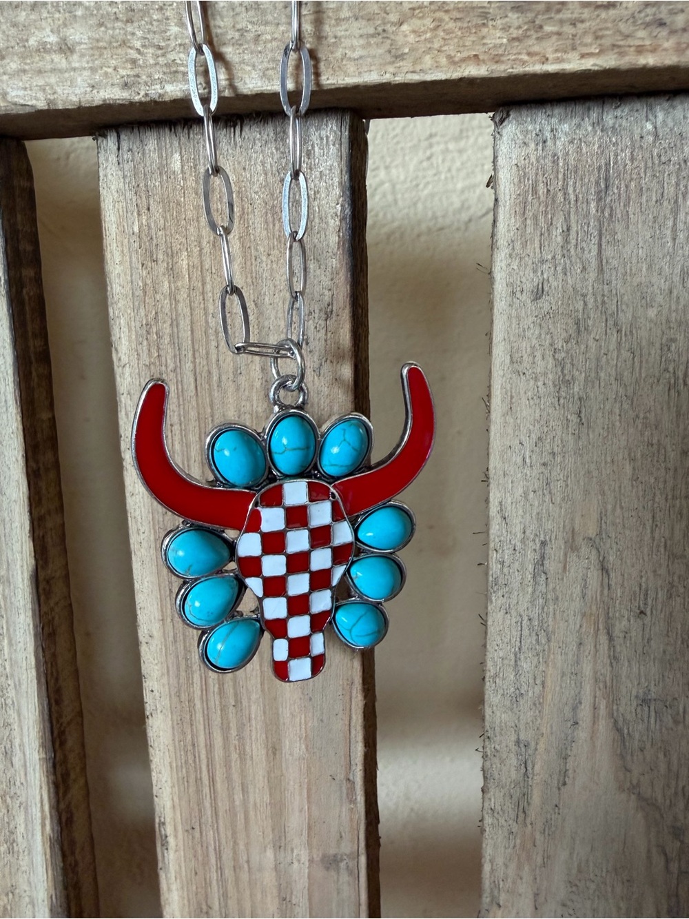 Western Faux Turquoise Red Checkered Longhorn Skull Pendant Silver Necklace NEW